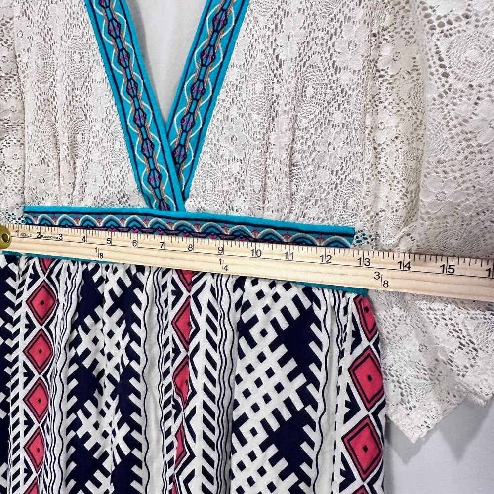 Flying Tomato Mini Dress Medium White Blue Pink Lace Boho Festival Tribal