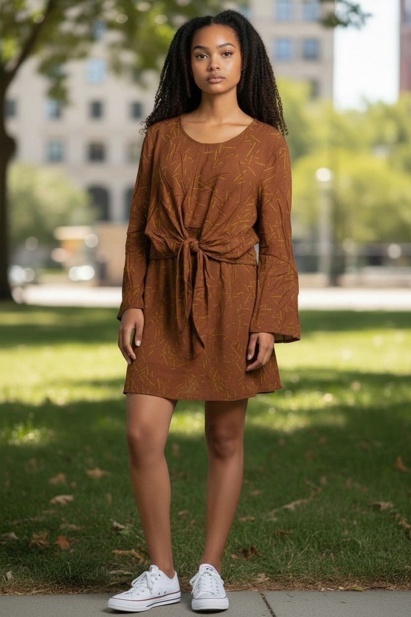 By Together Boho Women’s Brown Crew Neck Tie Front Bell Sleeve Mini Dress