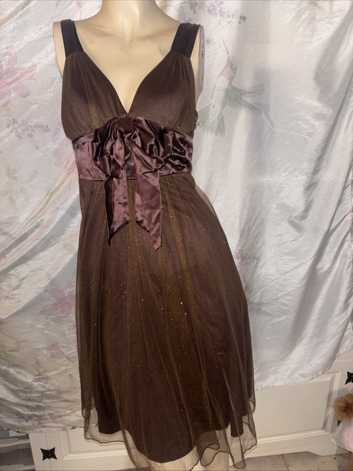 SPEECHLESS,brown tulle,tiny silver dots,satin bow,z5,S,pleats,shirred,New,UNIQUE