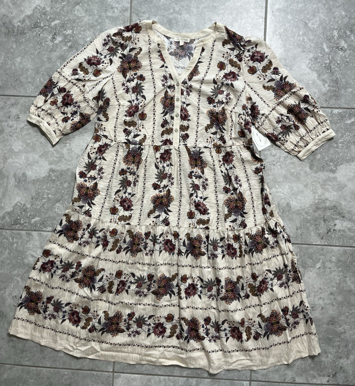 Anthropologie Fig & Flower 3/4 Sleeve Tiered Midi Dress Peasant Floral 2X New