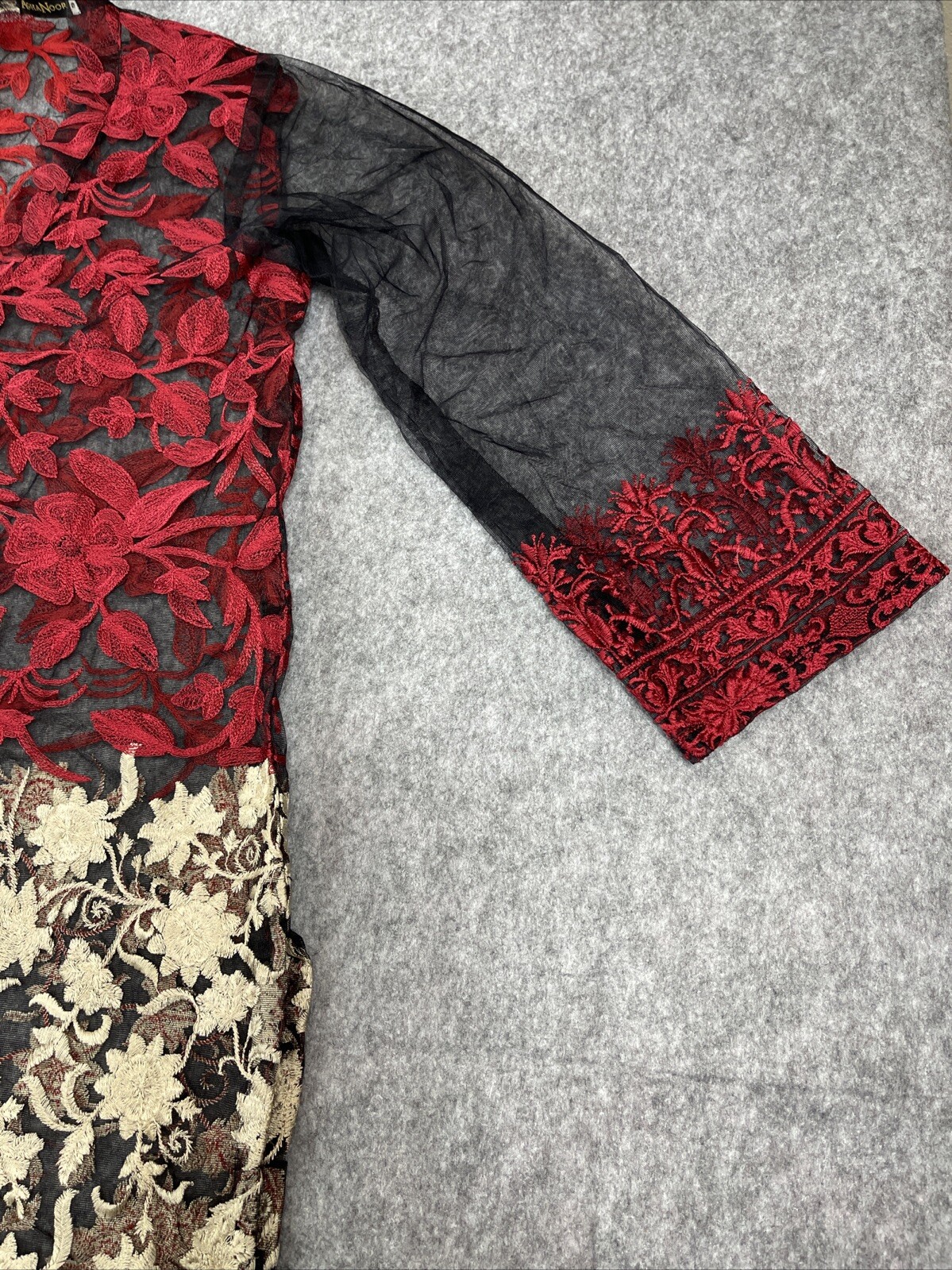 AghaNoor Sheer Overlay Dress Small Embroidered Lace Floral Whimsy Goth Boho Art