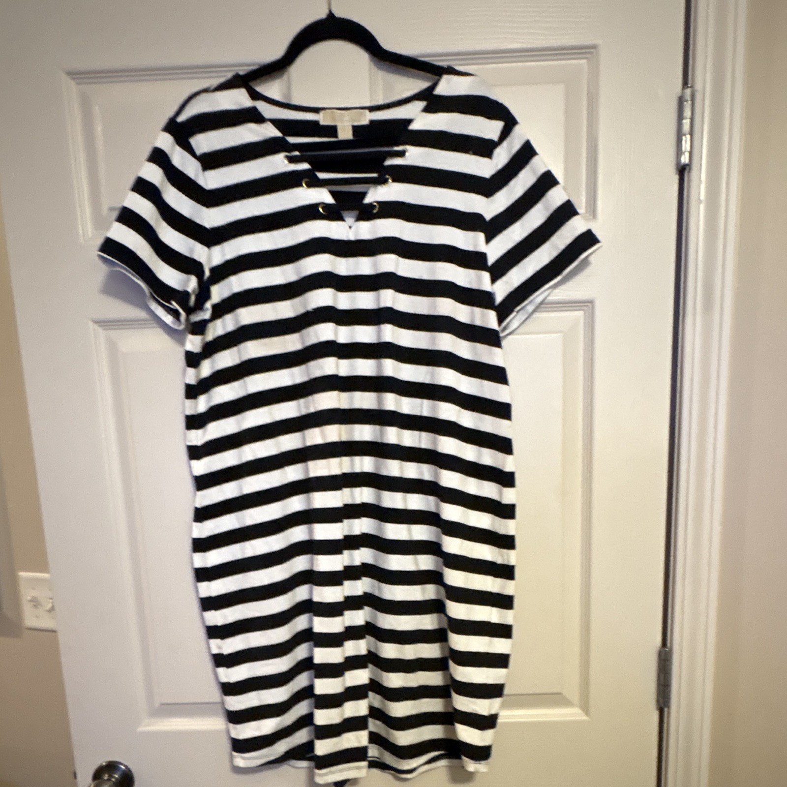 Michael Michael Kors Black White Striped V-Neck T-Shirt Dress Eyelet 1X