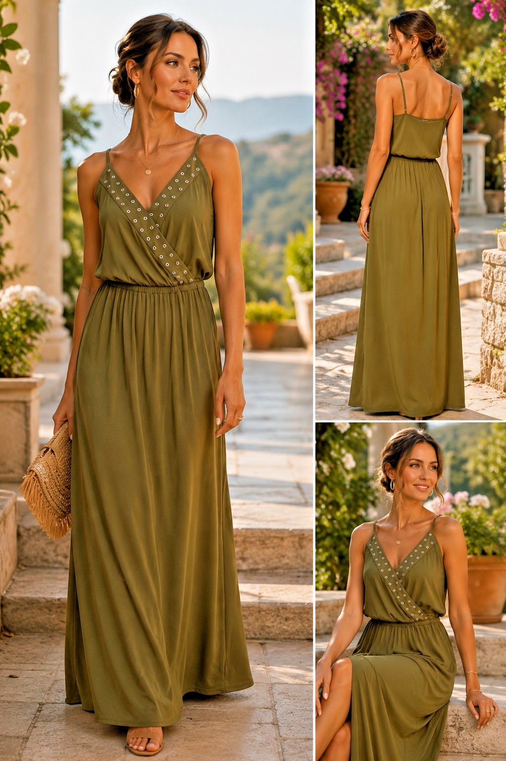 Michael Kors Maxi Dress Olive Green V-Neck Silver Accents Size Med – Boho Resort