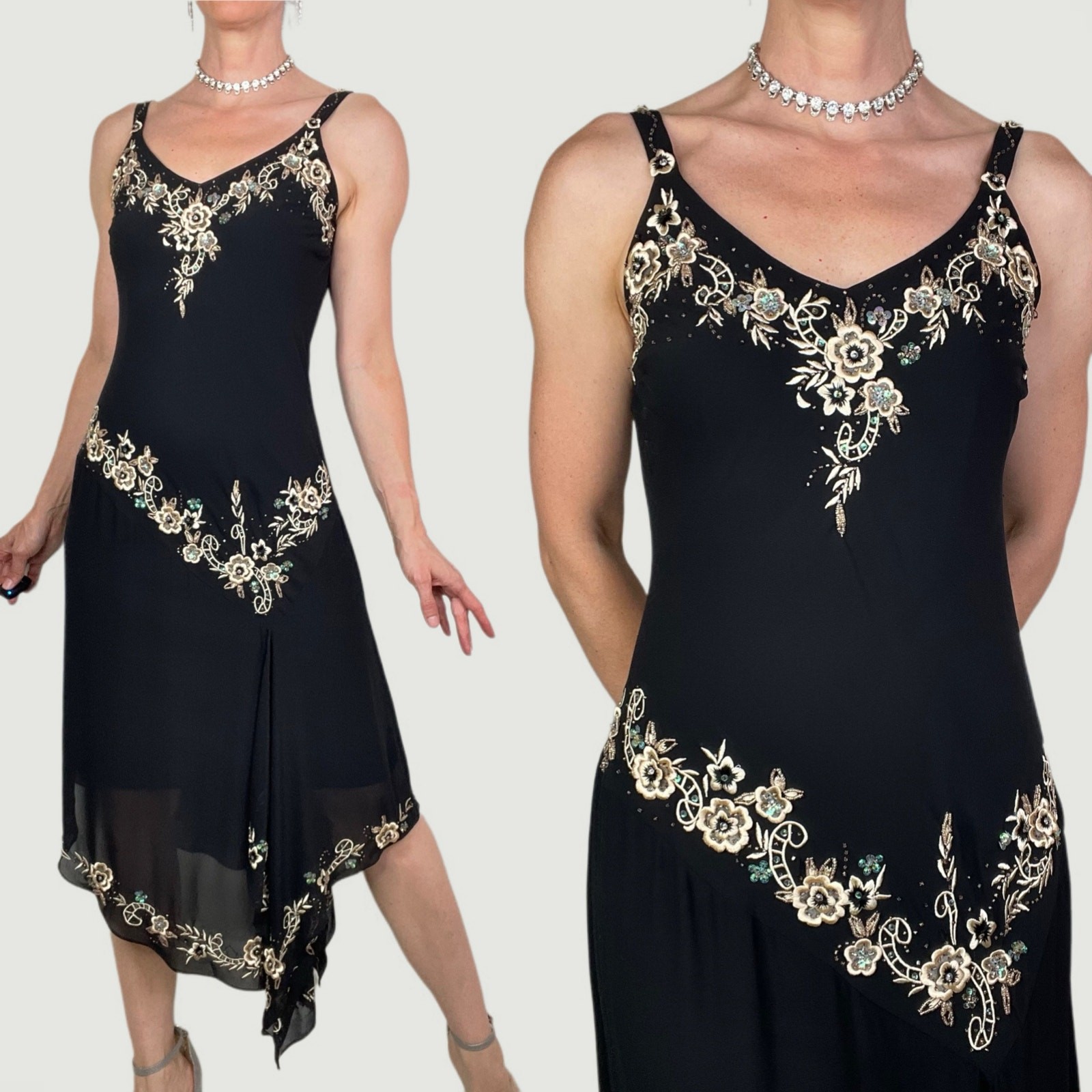 Vintage Y2K asymmetric beaded fairy slip dress sequin floral midi cocktail 4