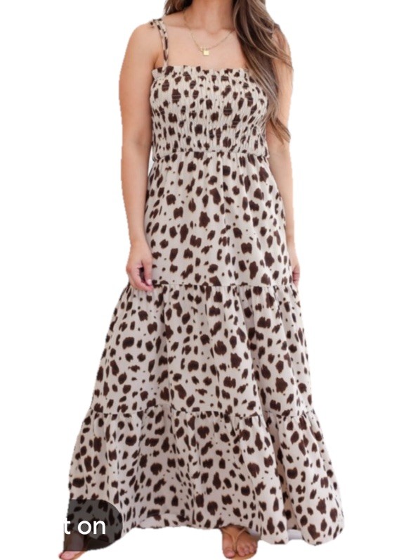 First Love Lovelyn Tiered Maxi Dress Sz M Leopard Print Beige Brown Smocked Chic