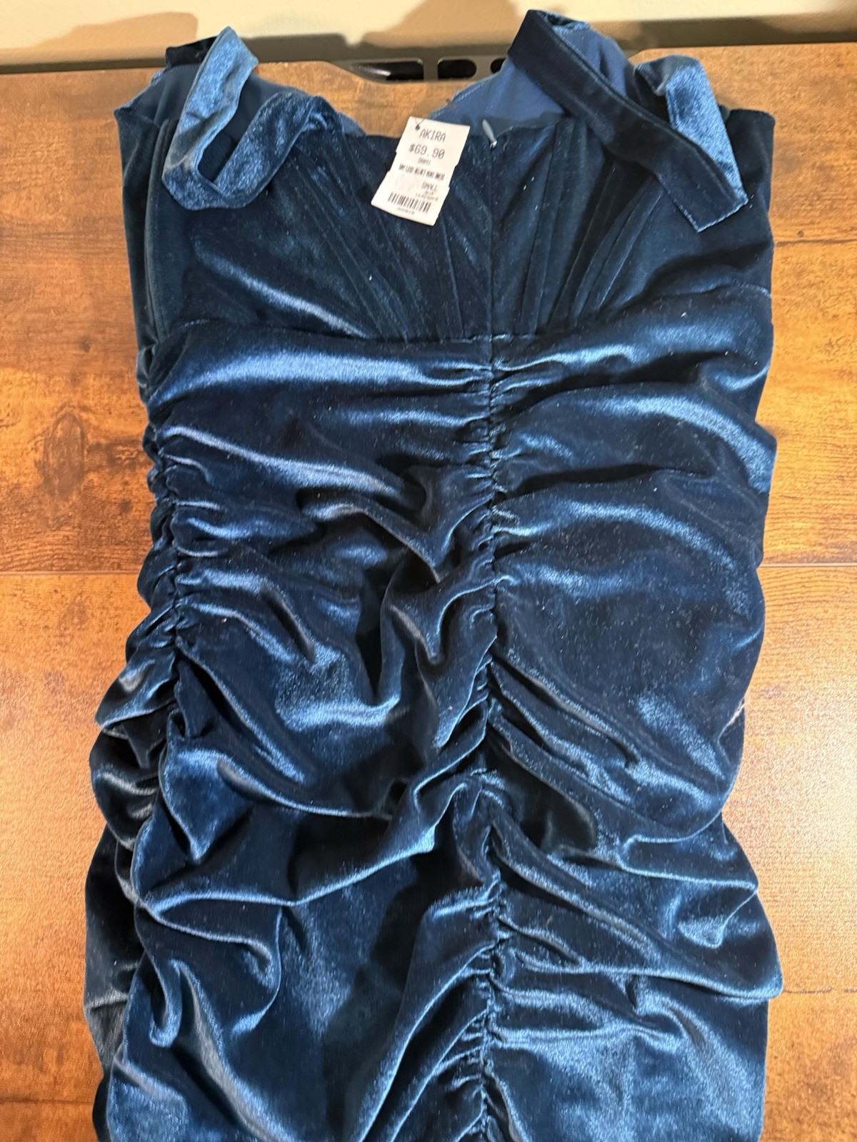 AKIRA Blue Velvet Ruched Stretch Bodycon Mini Dress S Sweetheart Party