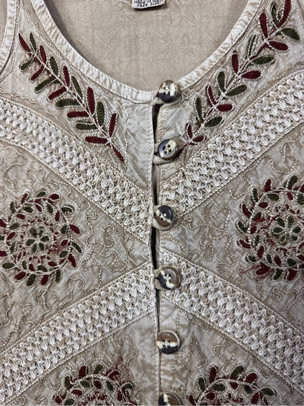 Vintage 90’s Embroidered Button-Front Tie-Back Midi Dress, Sand, Red and Green