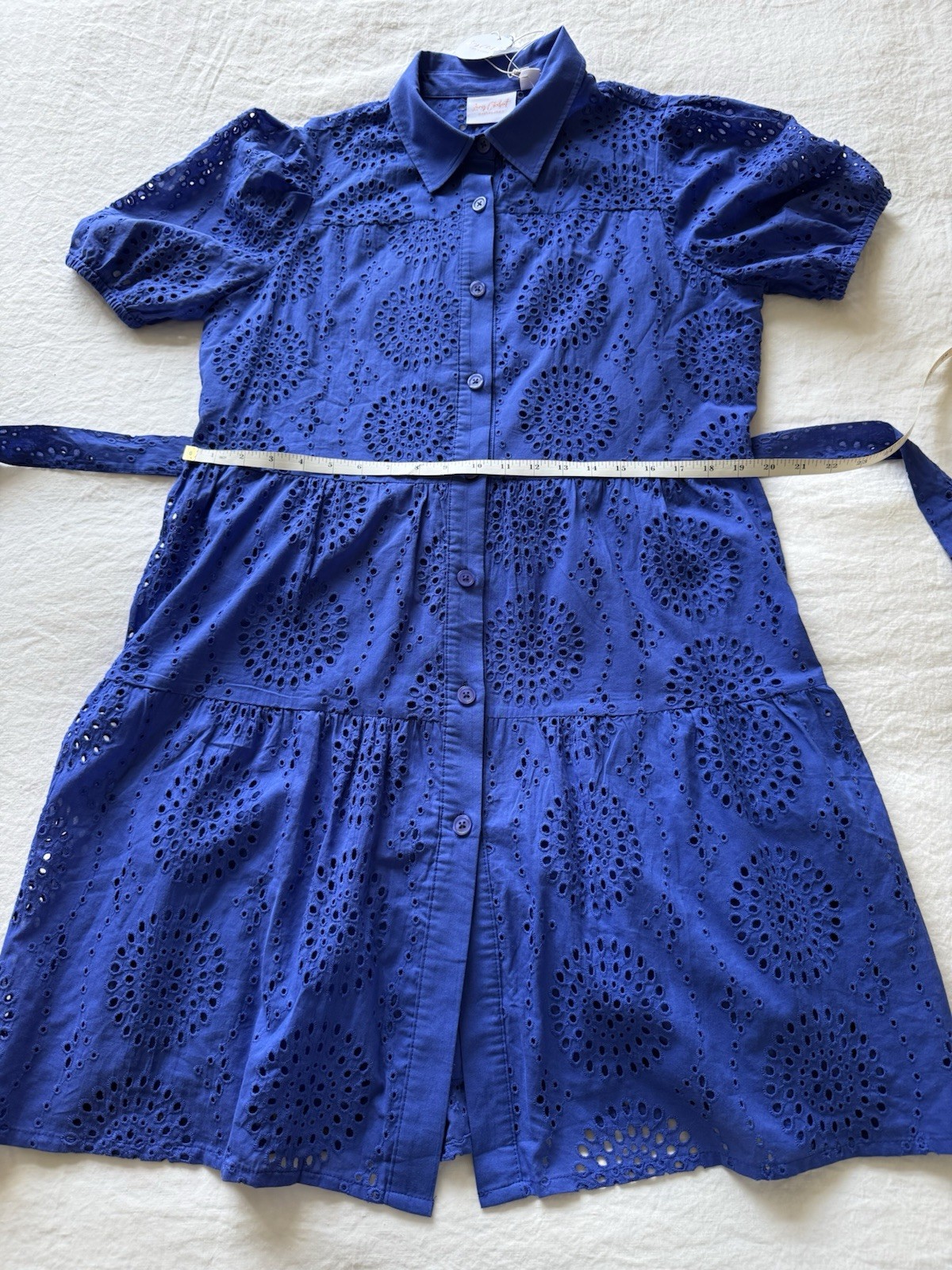 New Lacy Chabert Collection Size L Cobalt Blue Cotton Eyelet Tiered Midi Dress