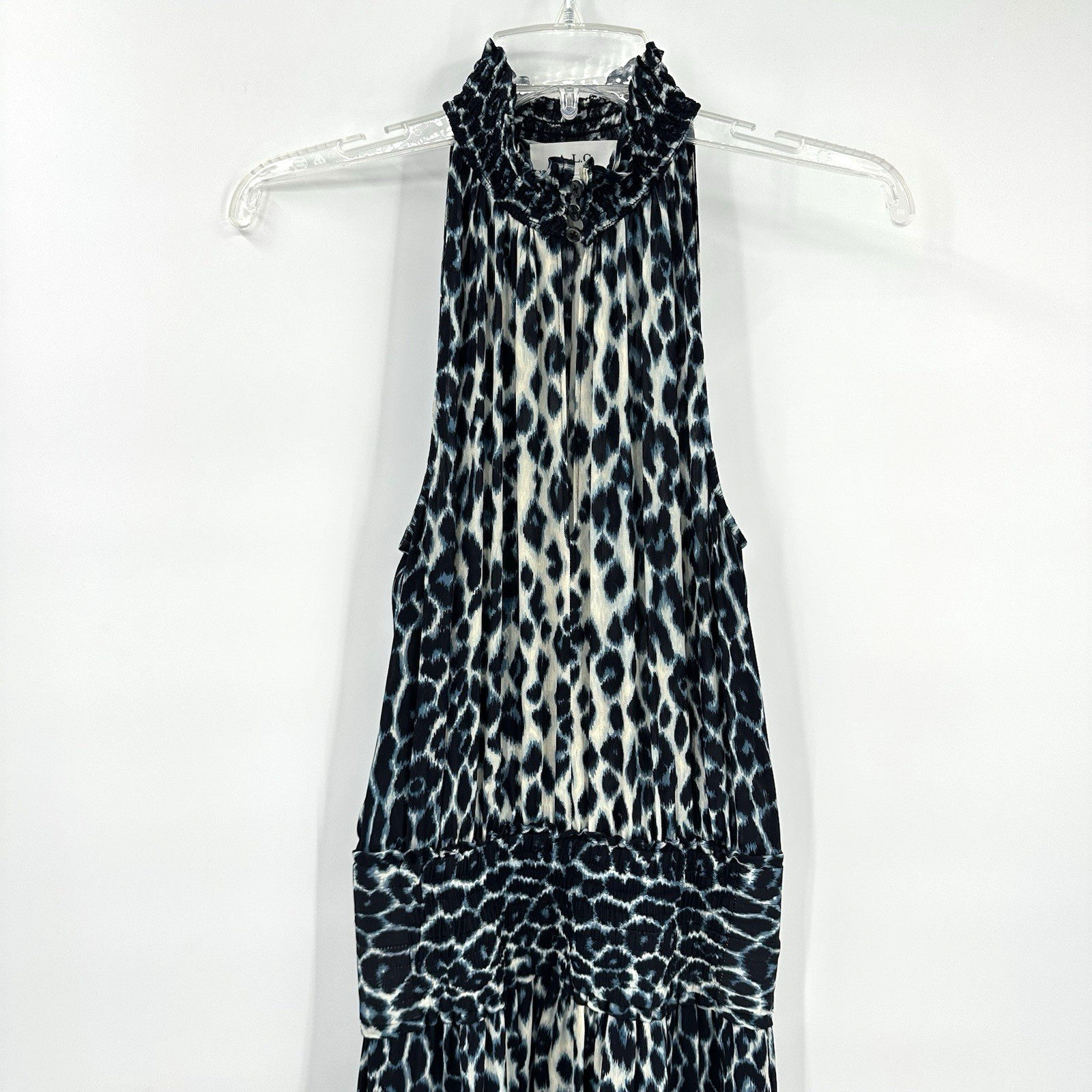 ALC CODY DRESS cream blue 2 leopard print halter cutout 100% silk midi sundress