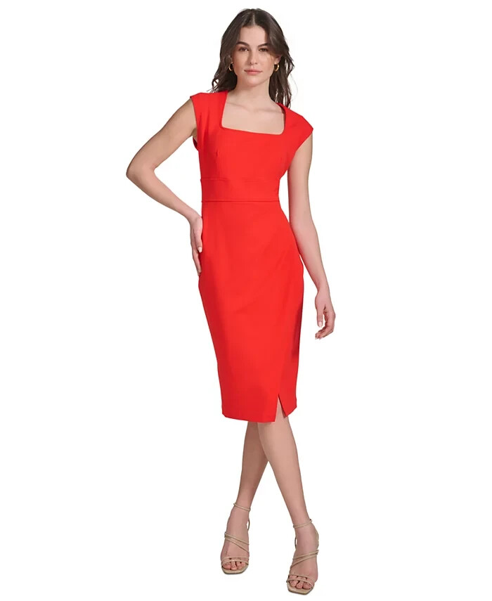 Calvin Klein Women’s Red Tango Square Neck Below Knee Length Sheath Dress size 8