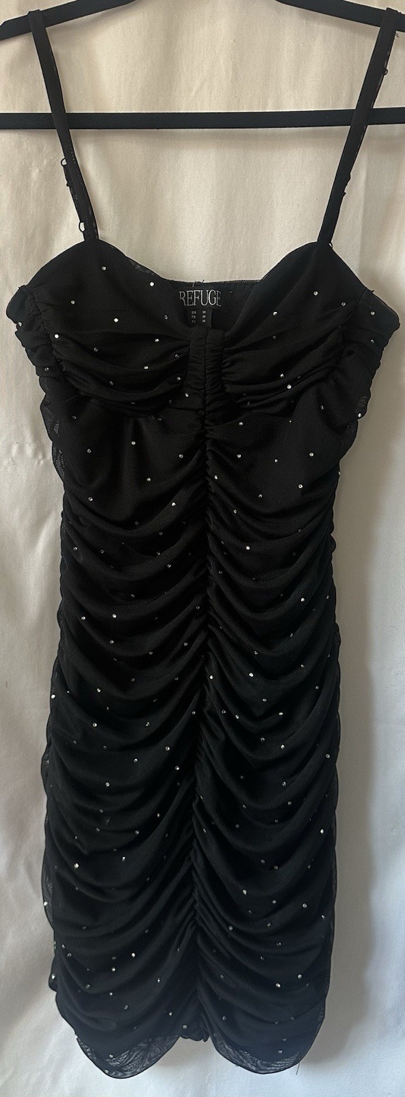 Refuge Black Rhinestone Ruched Mesh Mini Dress Women’s Y2K Bodycon Party Club M