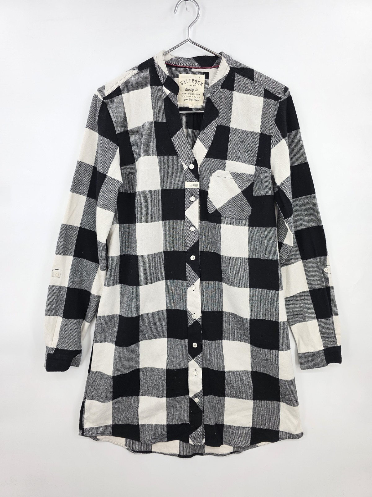 Saltrock Wms Long Sleeve Flannel Shirt/Dress Sz 12 Grandad Collar Check Roll Tab