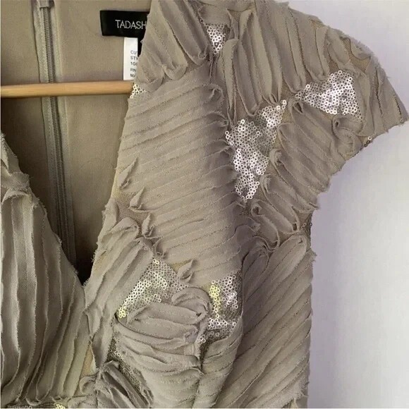 Tadashi Shoji Pleated Layered Chiffon Sequin Cap Sleeve Dress Size 4 Beige