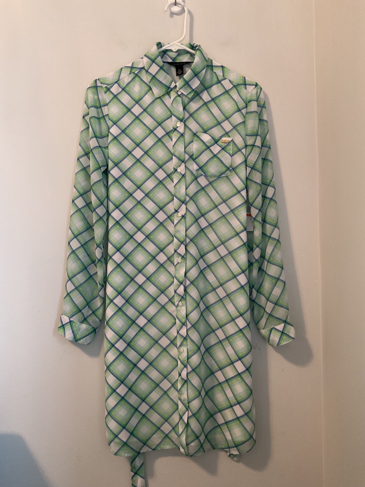 Tommy Hilfiger Green Blue Piaid Long Sleeve Button Down Dress Women’s Sz S/P NWT