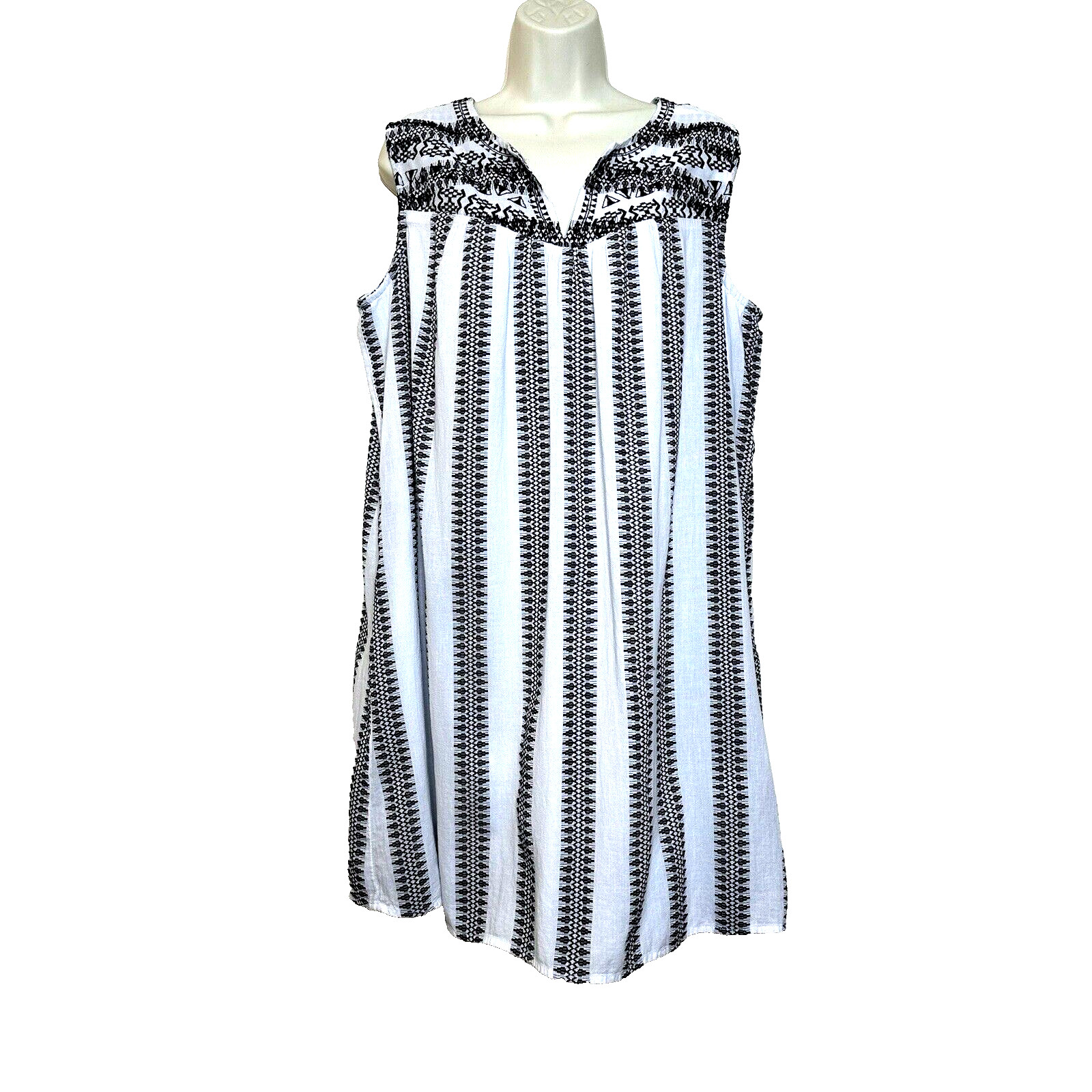 New Directions Black Gray Aztec Striped Petite Lined Shift Dress Women’s PXL