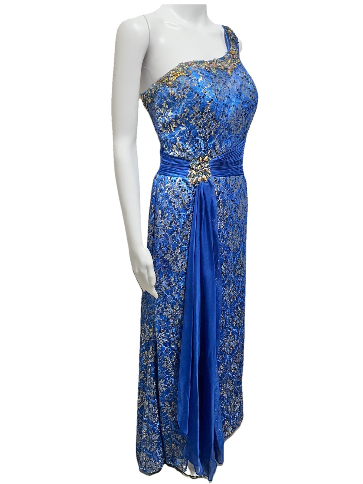 Dancing Queen 6 Royal Blue & Gold Beaded One Shoulder Dress Prom Formal Vintage
