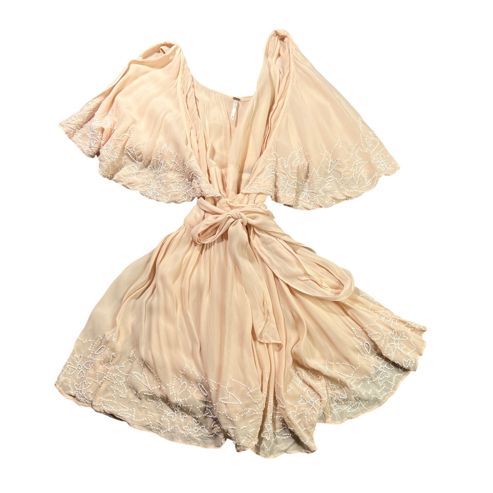 Free People Women’s XS Beaded Mini Dress Peach Boho Wrap Angel Sleeve OB401168