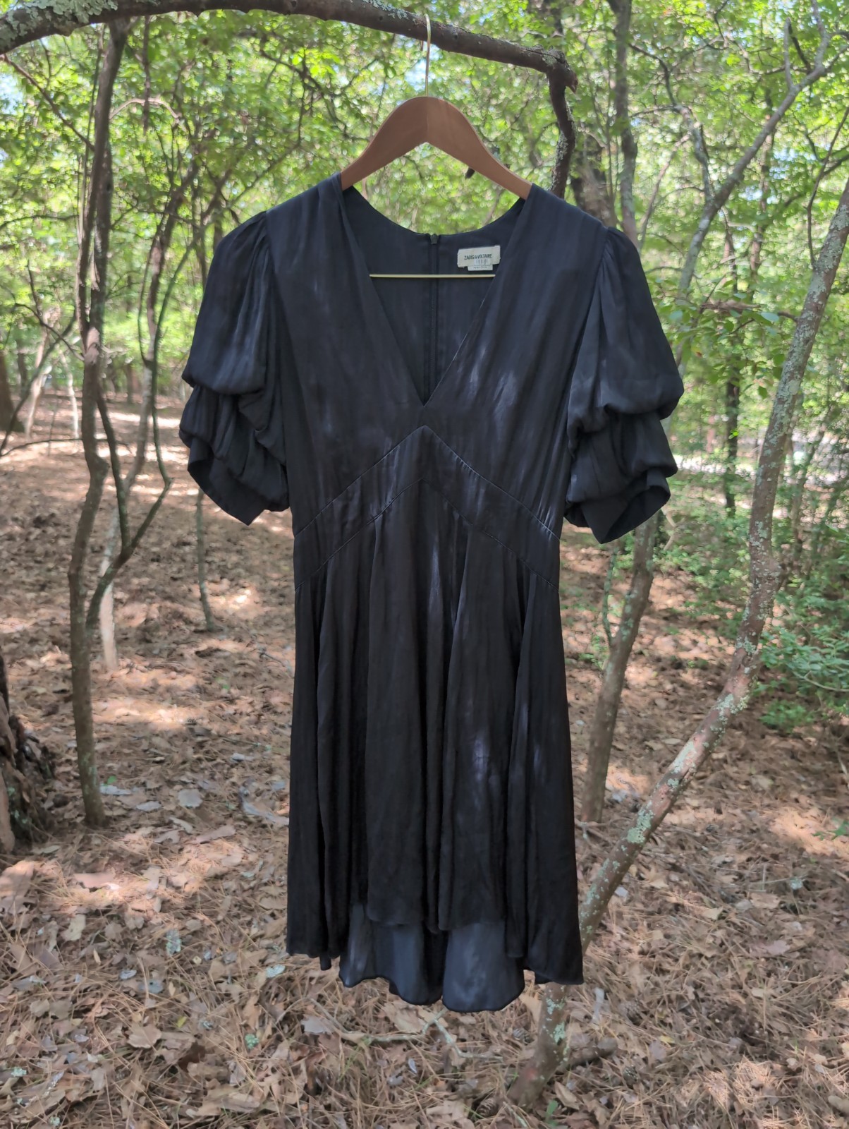 Zadig & Voltaire Black Satin V-Neck Flutter Sleeve Mini Dress XS Little Black