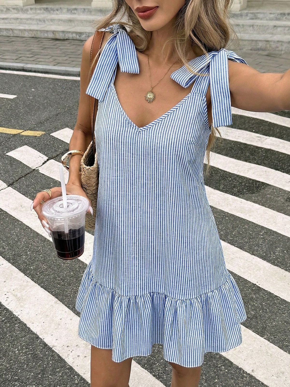Womens Striped Mini Dress With Bows Decor