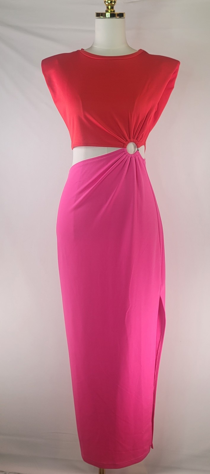 FORE Colorblock Cutout Maxi Dress M Pink Red Shoulder Pad Side Slit Bodycon