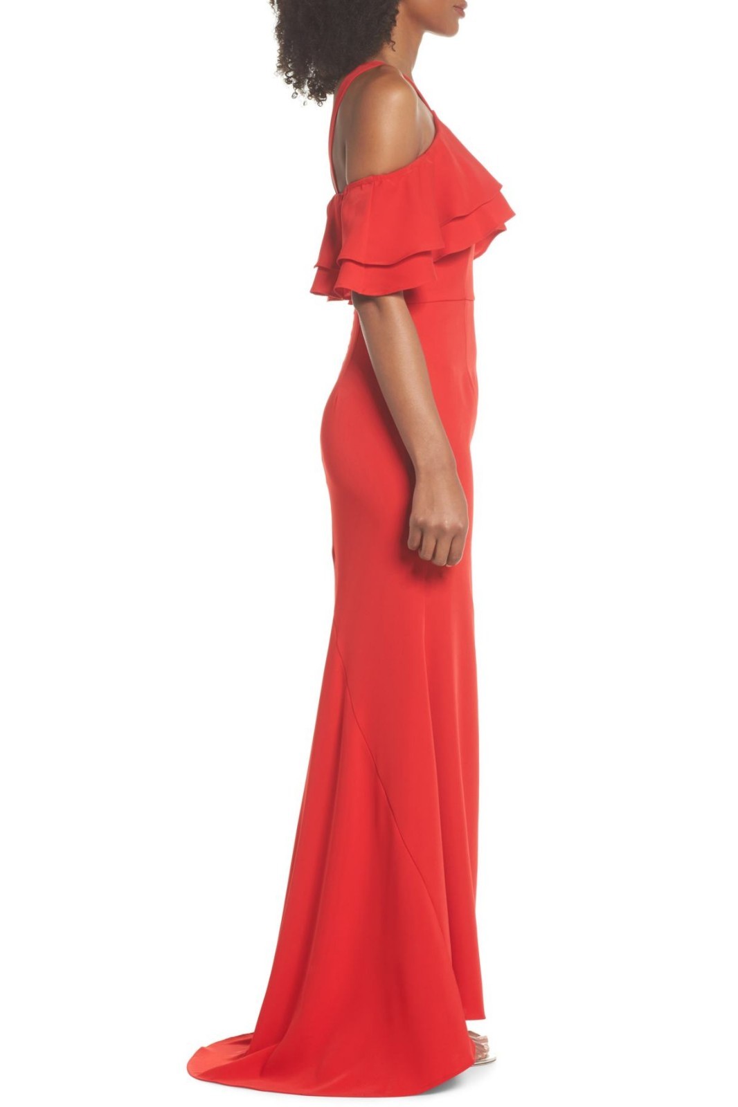 JARLO Red Ruffle Drape Overlay Halter Cold Shoulder Stretch Maxi Gown 2 = XS NEW