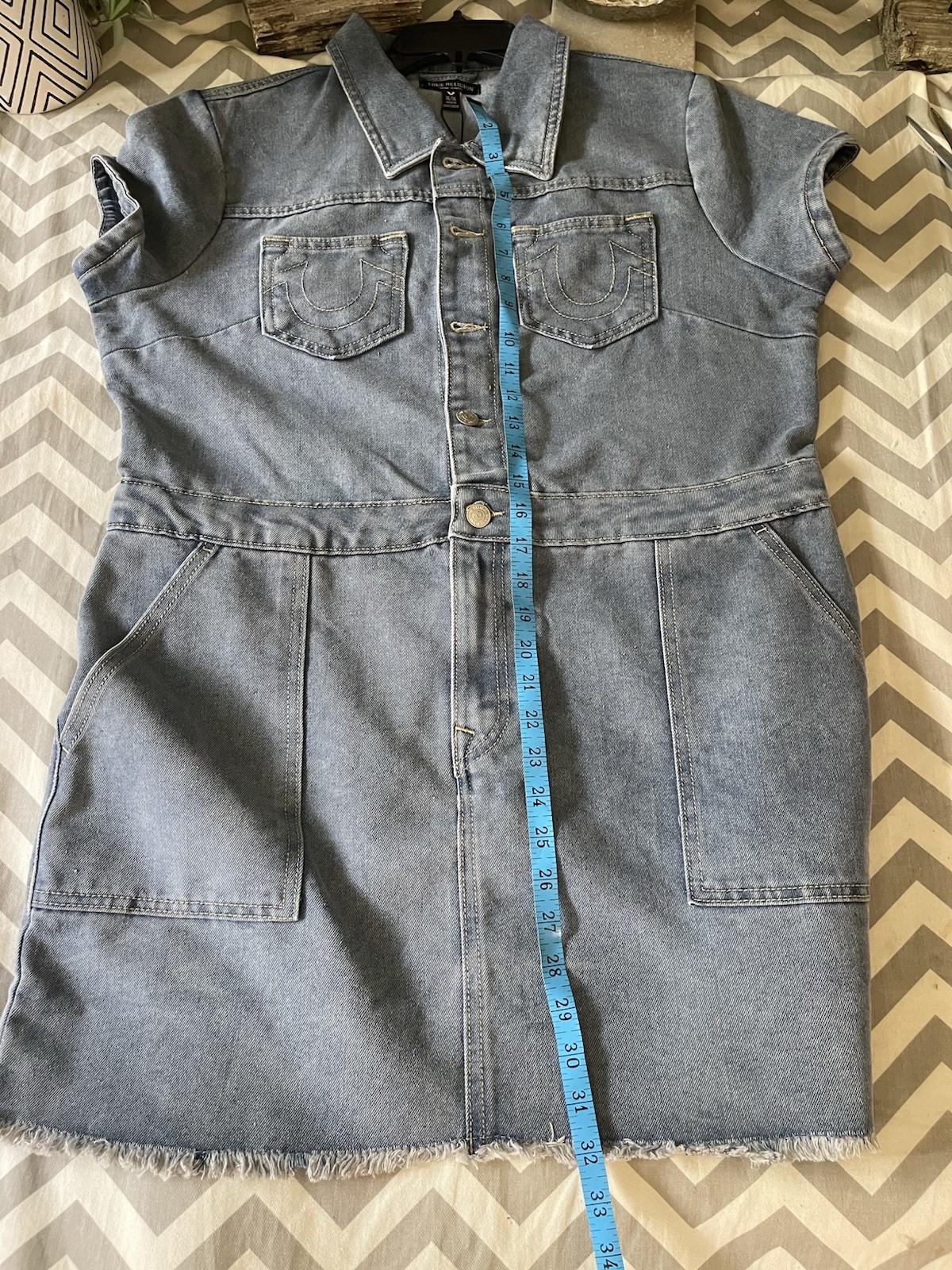 TRUE RELIGION Denim Button Front Mini Dress Light Wash Women Ladies XL $159