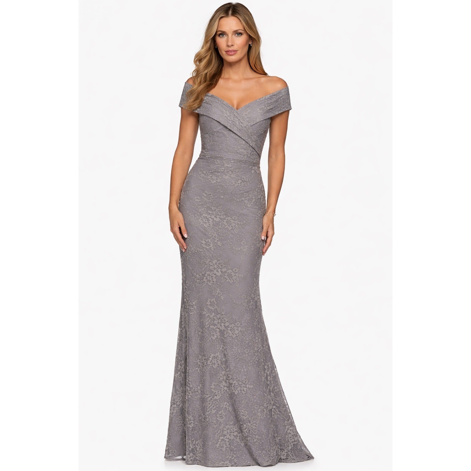 La Femme 27982 Platinum Lace Off Shoulder Gown Size 16 NWOT