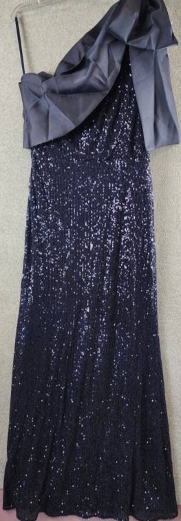 Aqua Formal Long Allover Sequined Bow Dress Women’s 12 Navy Asymmetrical Neck