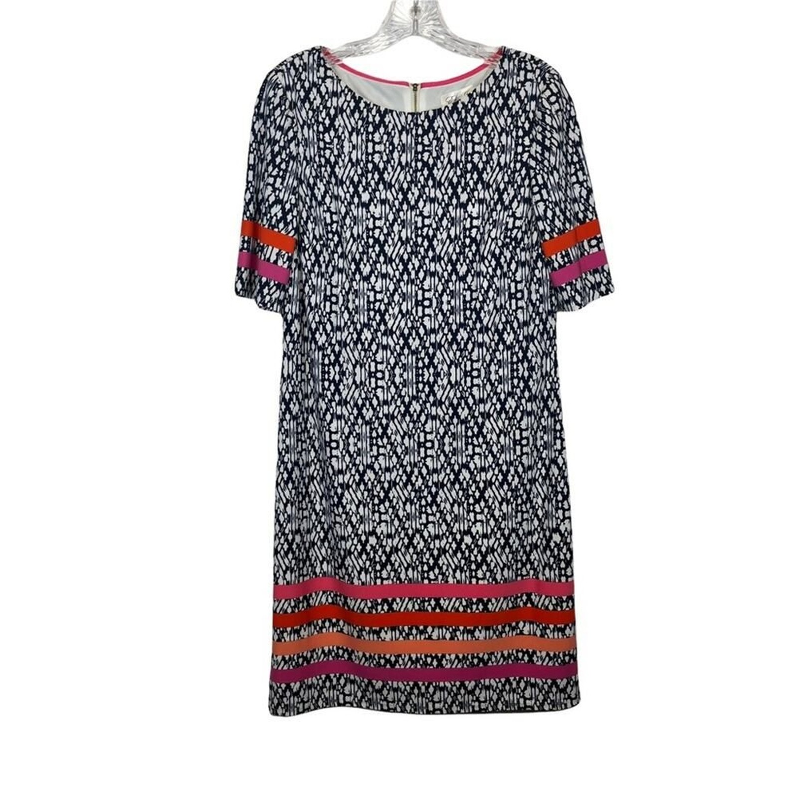 Eliza J Navy + White Printed Shift Dress With Coral + Pink Stripes Size Woman’s