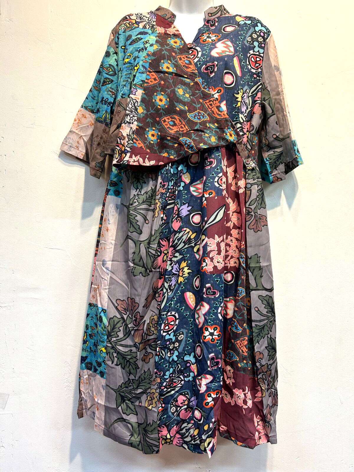 Nwt FUNKY STUFF hippie boho patchlike front wrap cotton/ poly DRESS XL Free ship