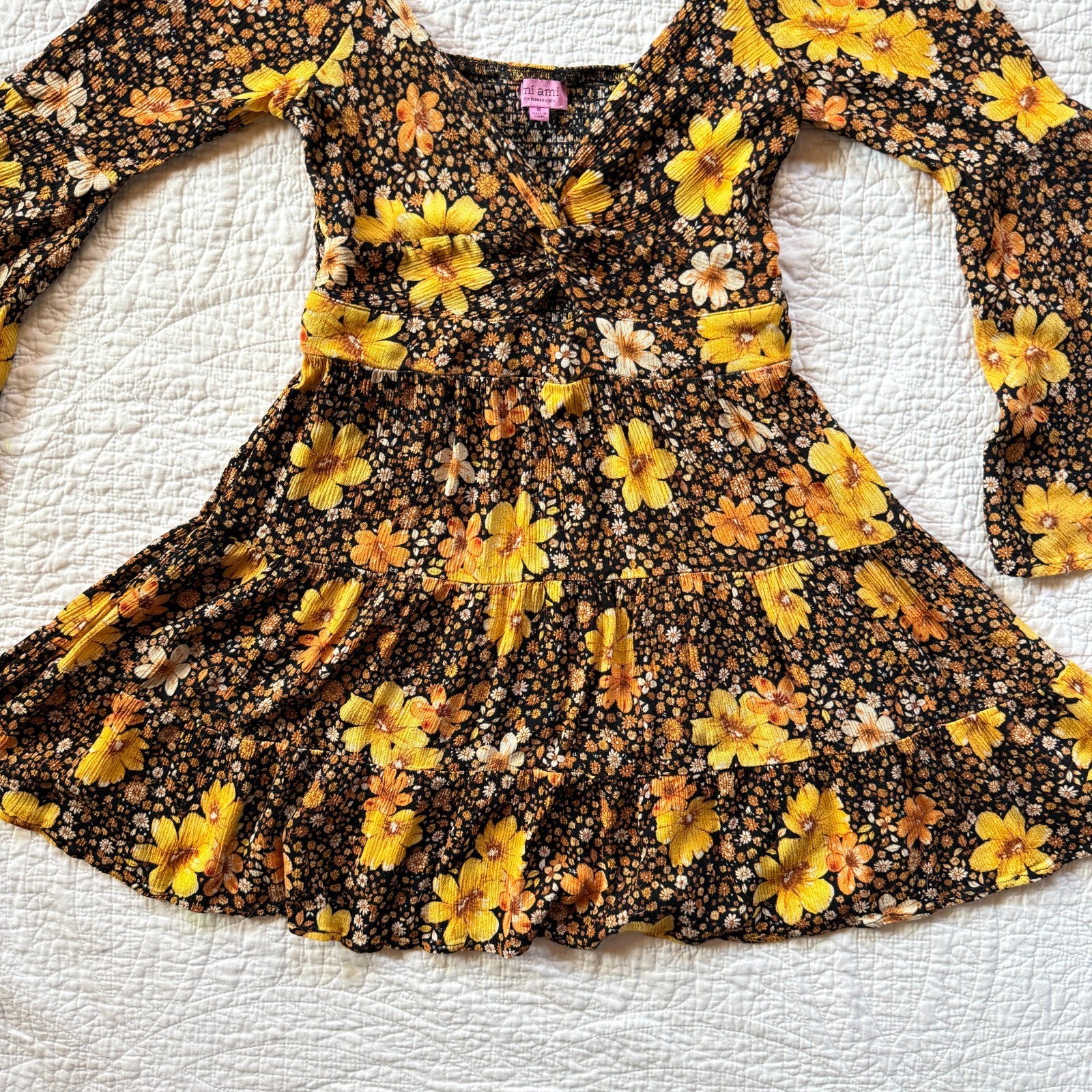 Boho-Chic 70s Hippie Floral Mini Dress Bell Sleeves Sz S Cottagecore Whimsigoth