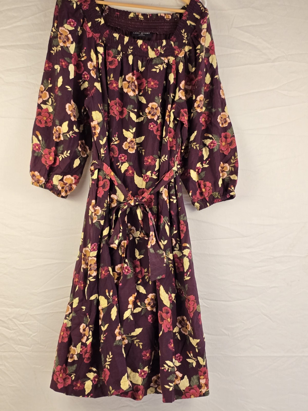 Lane Bryant Purple Floral Smocked Square Neck Belted Lined Midi Dress 14/16