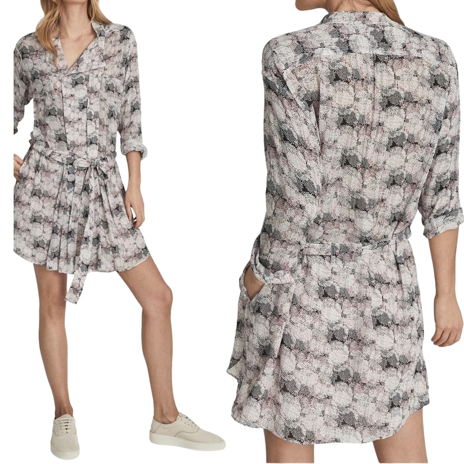 Reiss Mini Shirt Dress Light Pink Black Graphic Print Long Sleeve Belted size 10