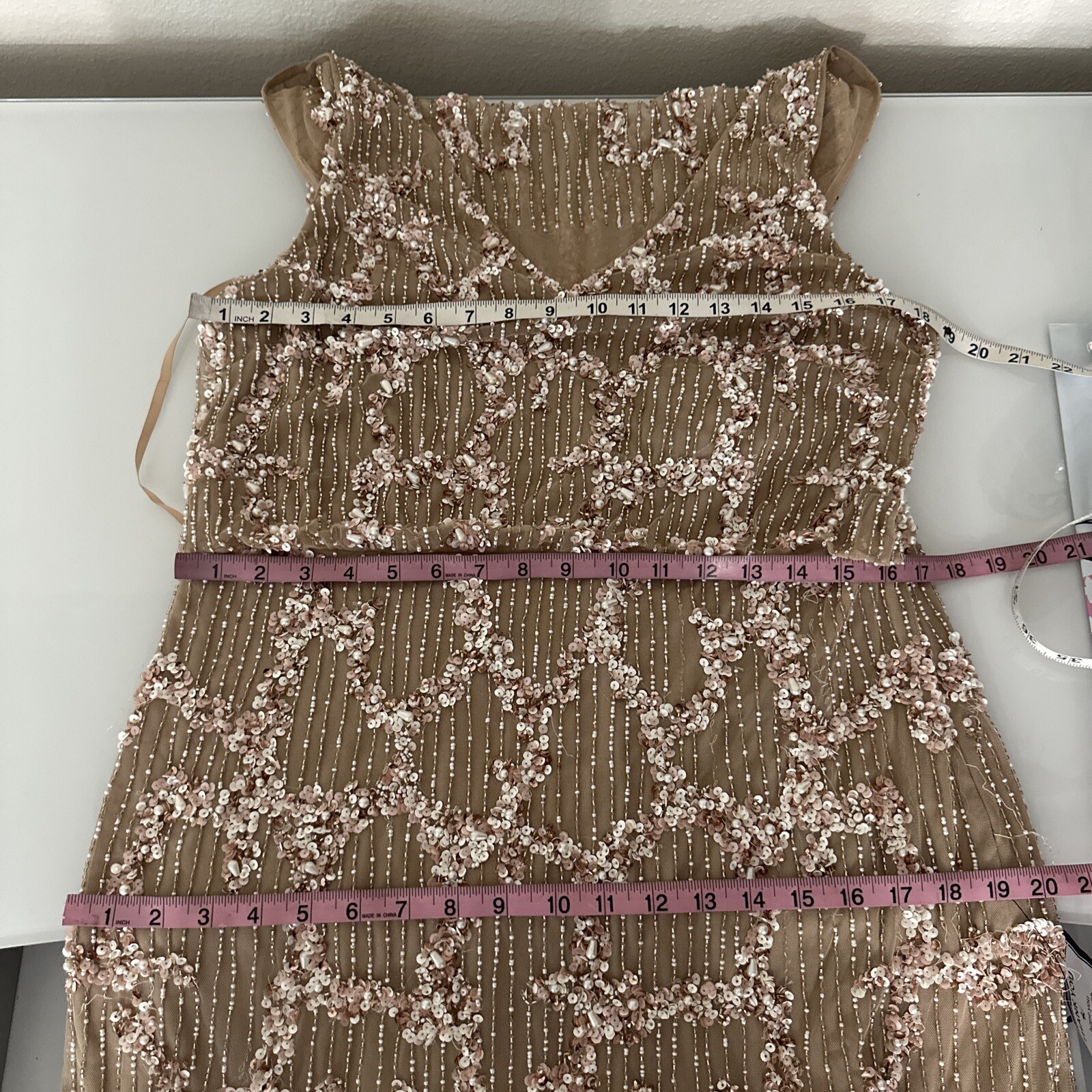 NWT $329 Adrianna Papell [ 14 ] Embellished Cowl-Back Gown in Champagne #G1167