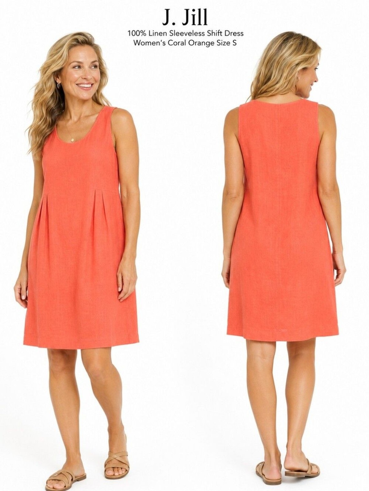 J. Jill 100% Linen Sleeveless Shift Dress Women Coral Orange Casual Size S