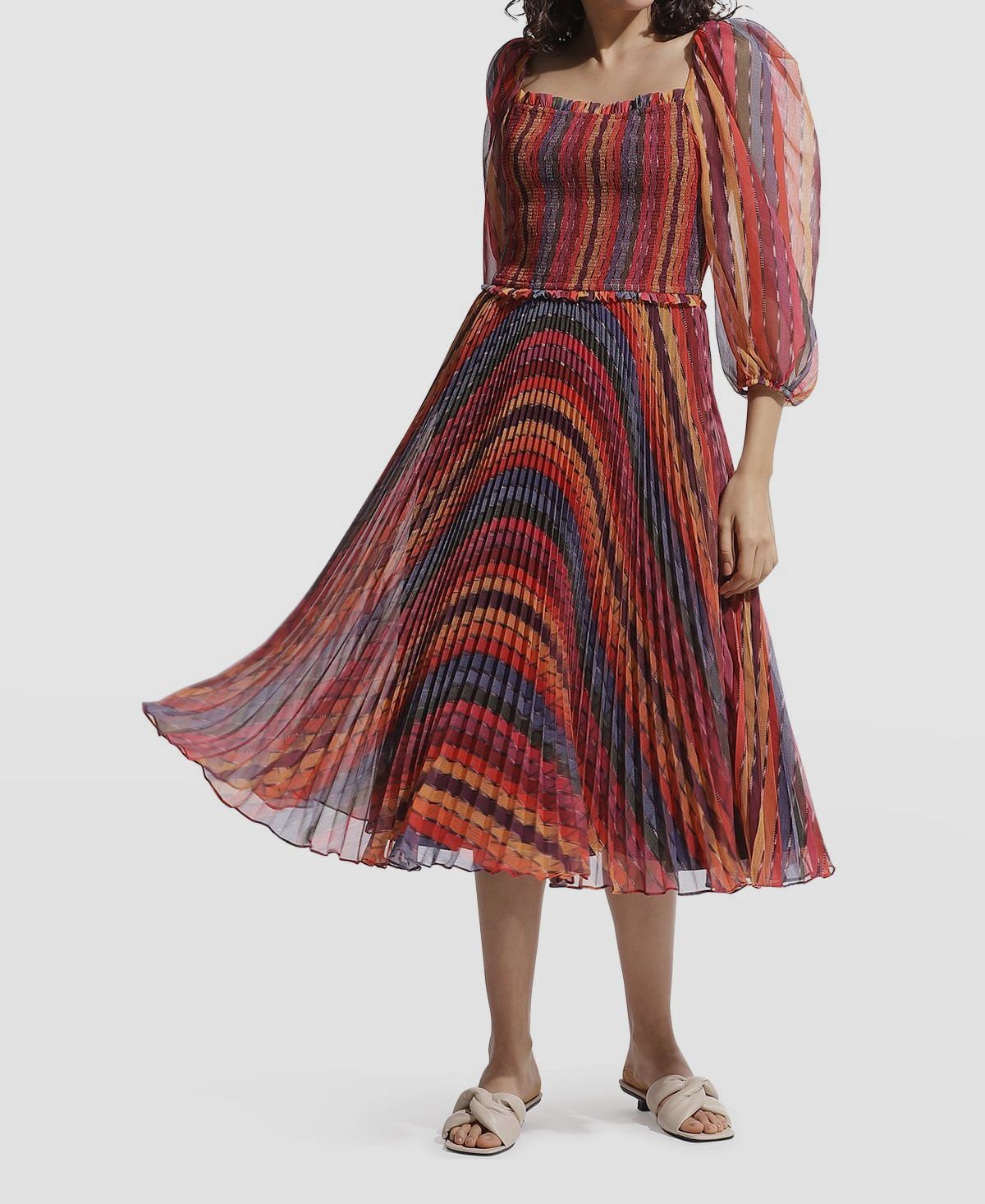 $297 Ranna Gill Women’s Red Striped Pleated Chiffon Midi A-Line Dress Size M