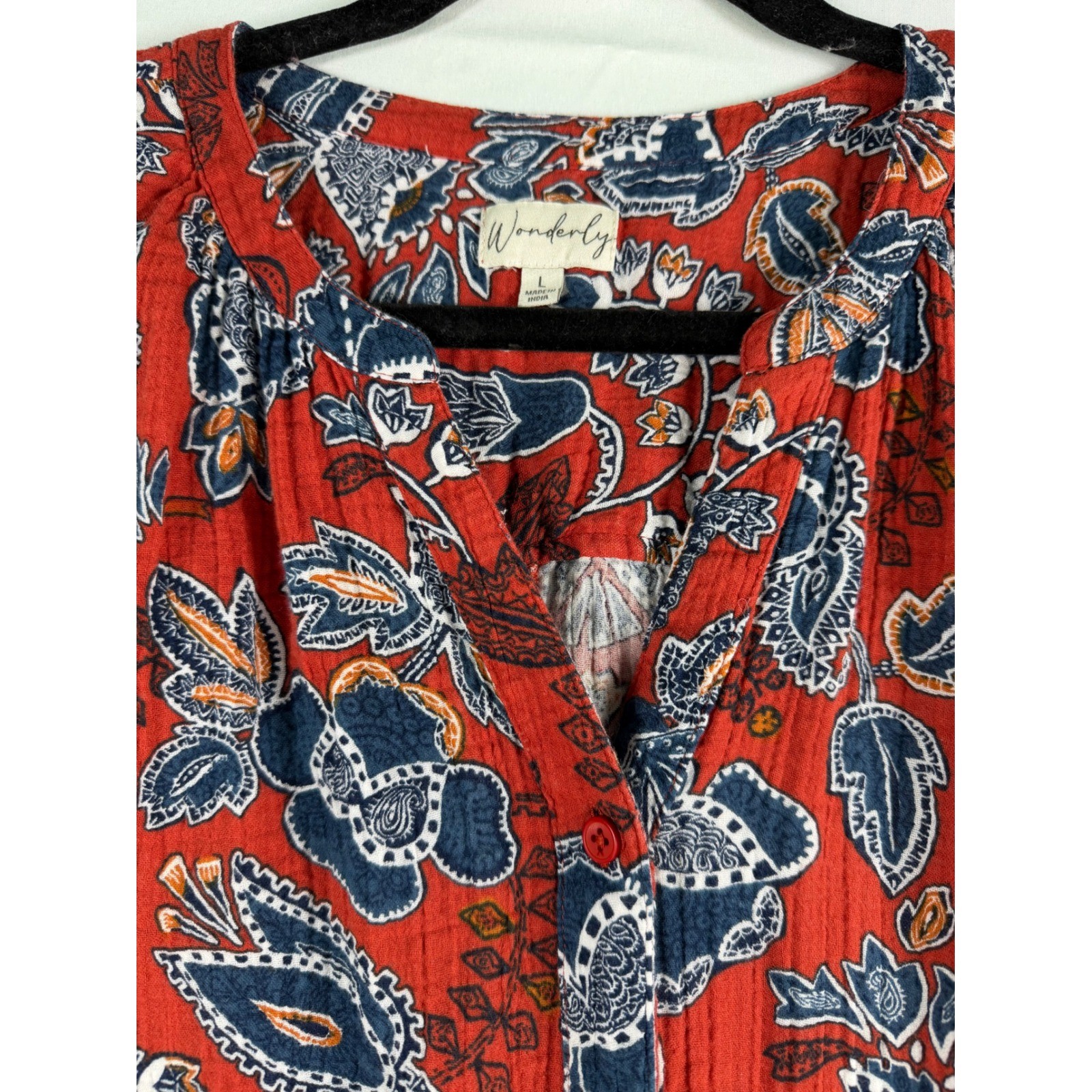 Wonderly Womens Rust Floral Paisley Gauze Button Front Midi Dress Pockets Large