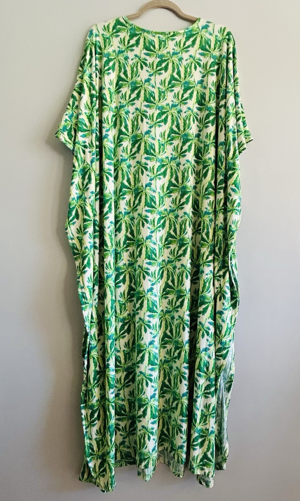 1X/2X/3X New Green White Palm Print Kaftan Knit Beach Cover Dress Nightgown