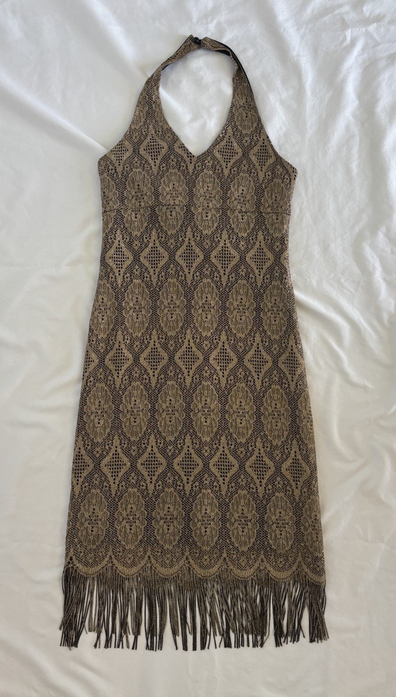 Vtg Alyn Paige Fringe/Tassle Hem Halter Dress Womens 3/4 Black Gold Metallic 90s
