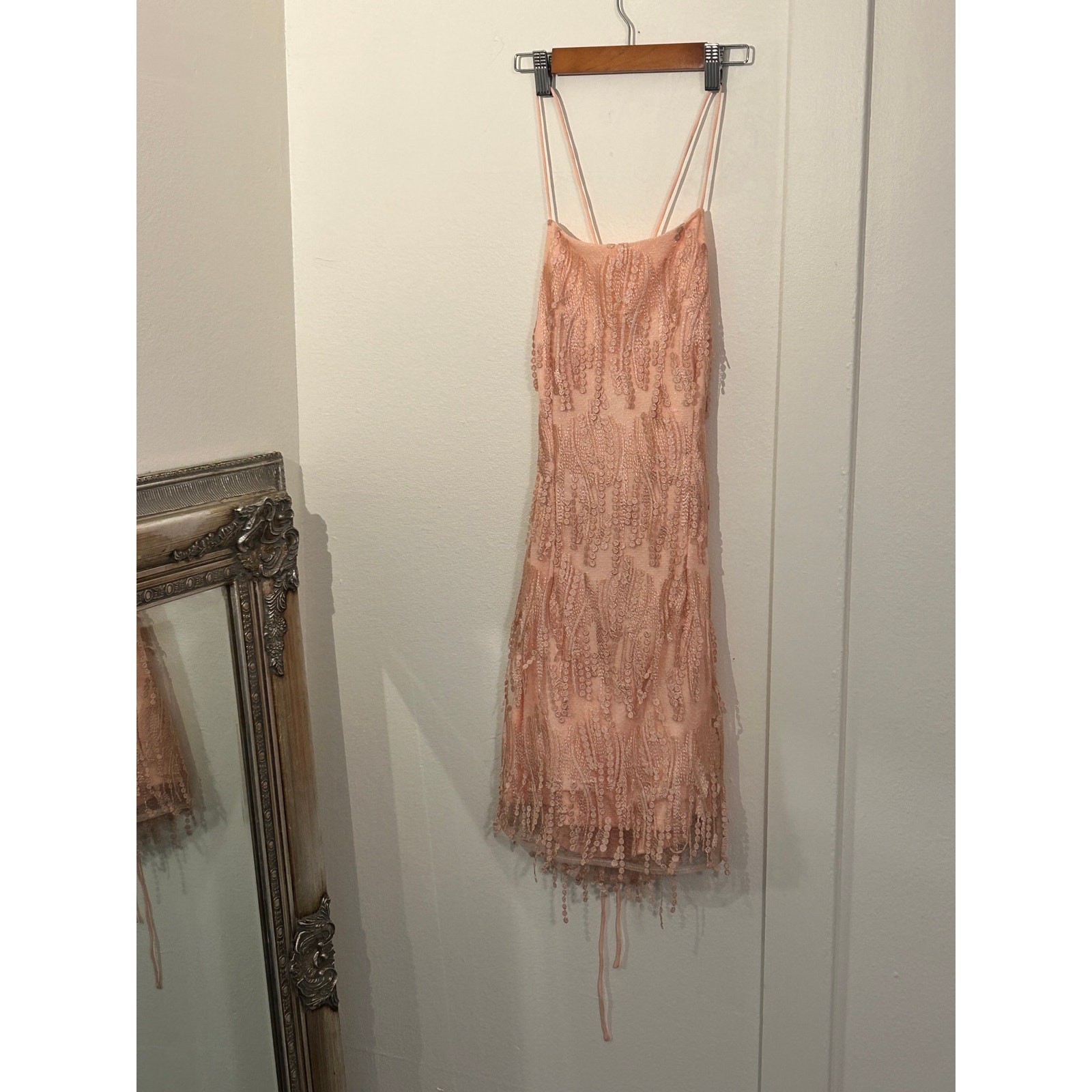 EUC- Lulus Making Magic Blush Pink Fringe Lace-Up Mini Dress SZ S – Retail $70
