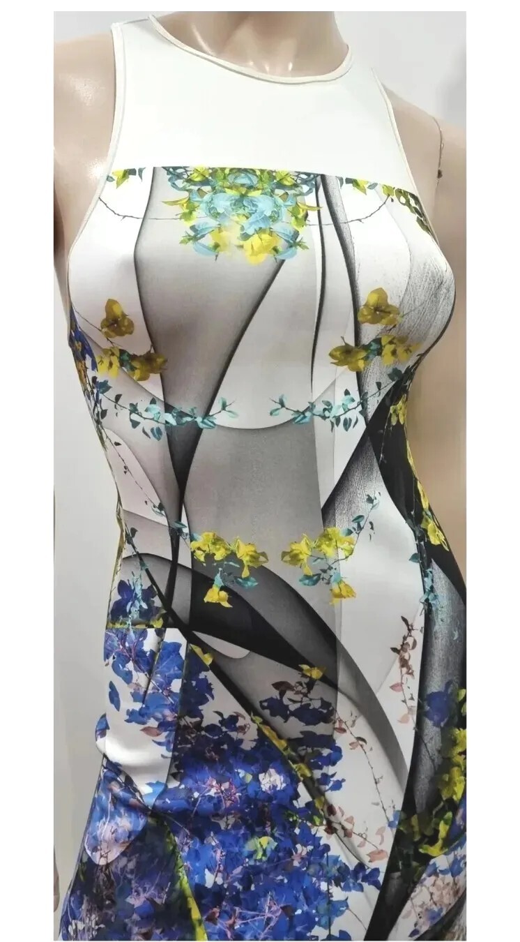 CLOVER CANYON Neoprene Scuba White Black Blue Lime Geo Print A-Line Maxi Dress M