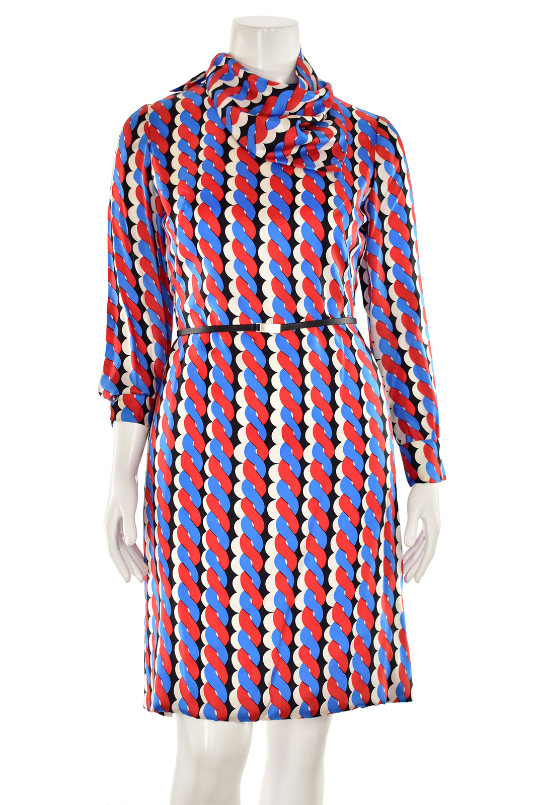 Vintage Adele Simpson 70’s 100% Silk Graphic Print Sheath Dress w/ Scarf sz 8/10