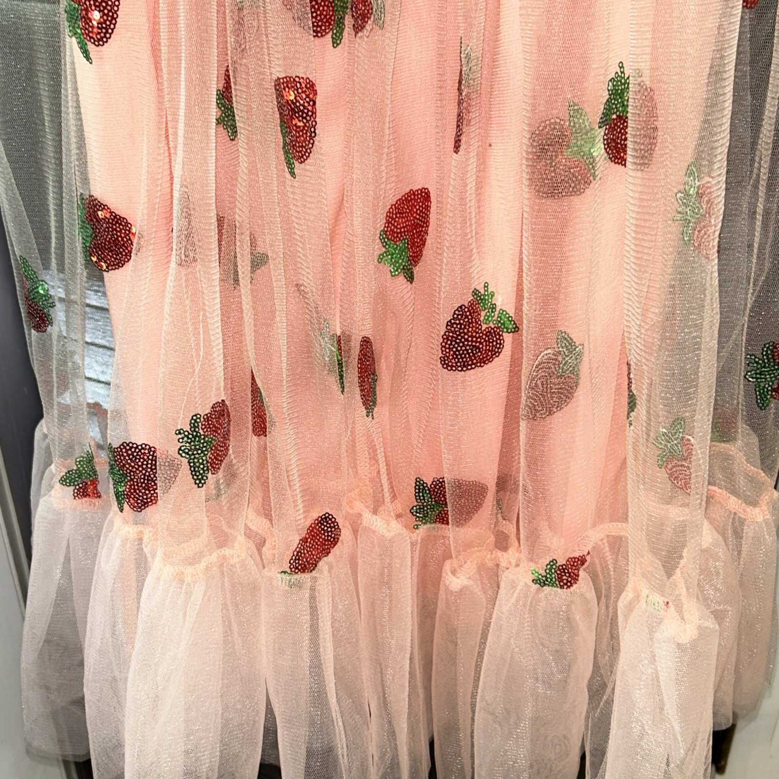 Strawberry Sequin Tulle Maxi Spring Pink Dress Retro Dress Size XL Fairy