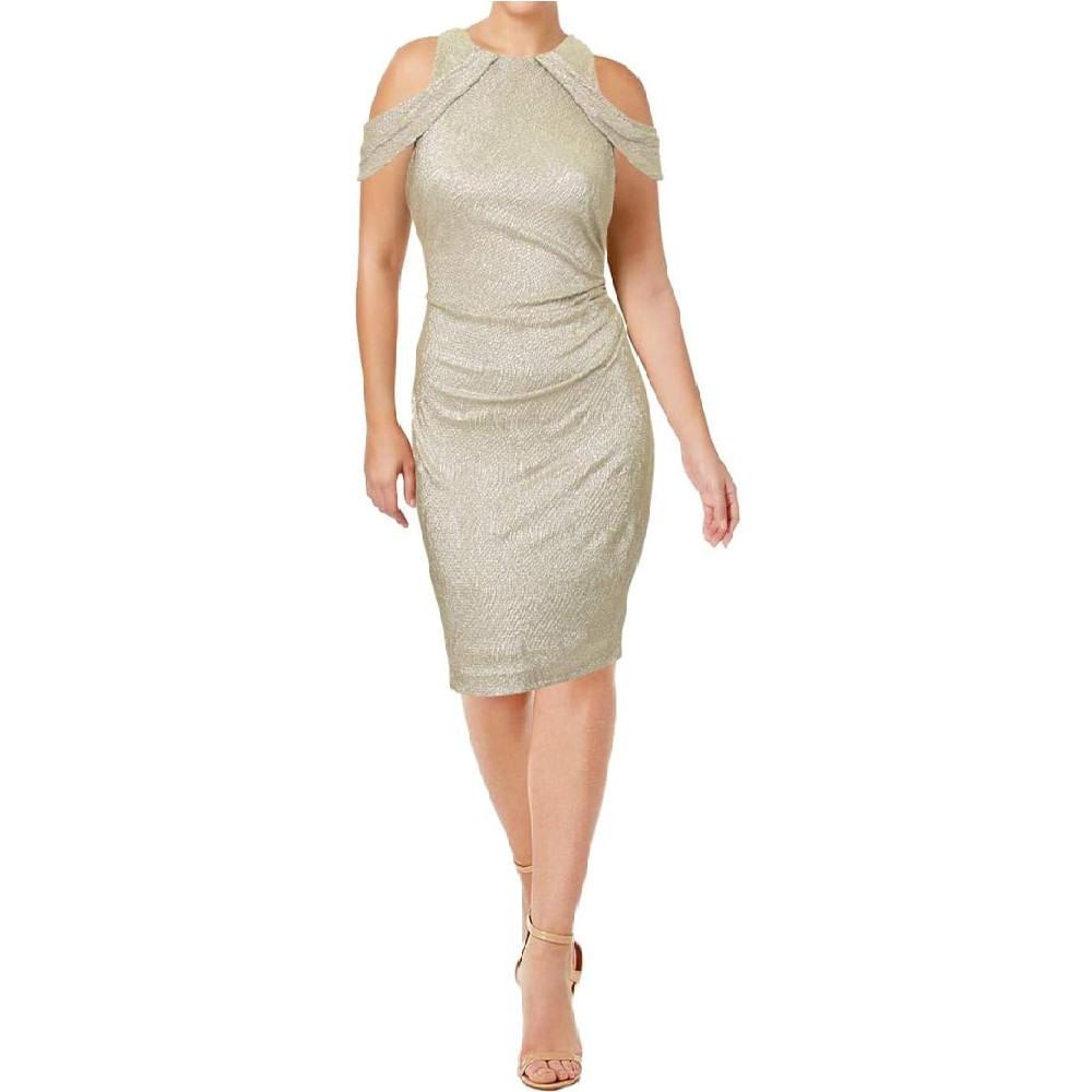LAUREN Ralph Lauren Metallic Ruched Shoulder Cutout Knee Length Sheath Dress, 0