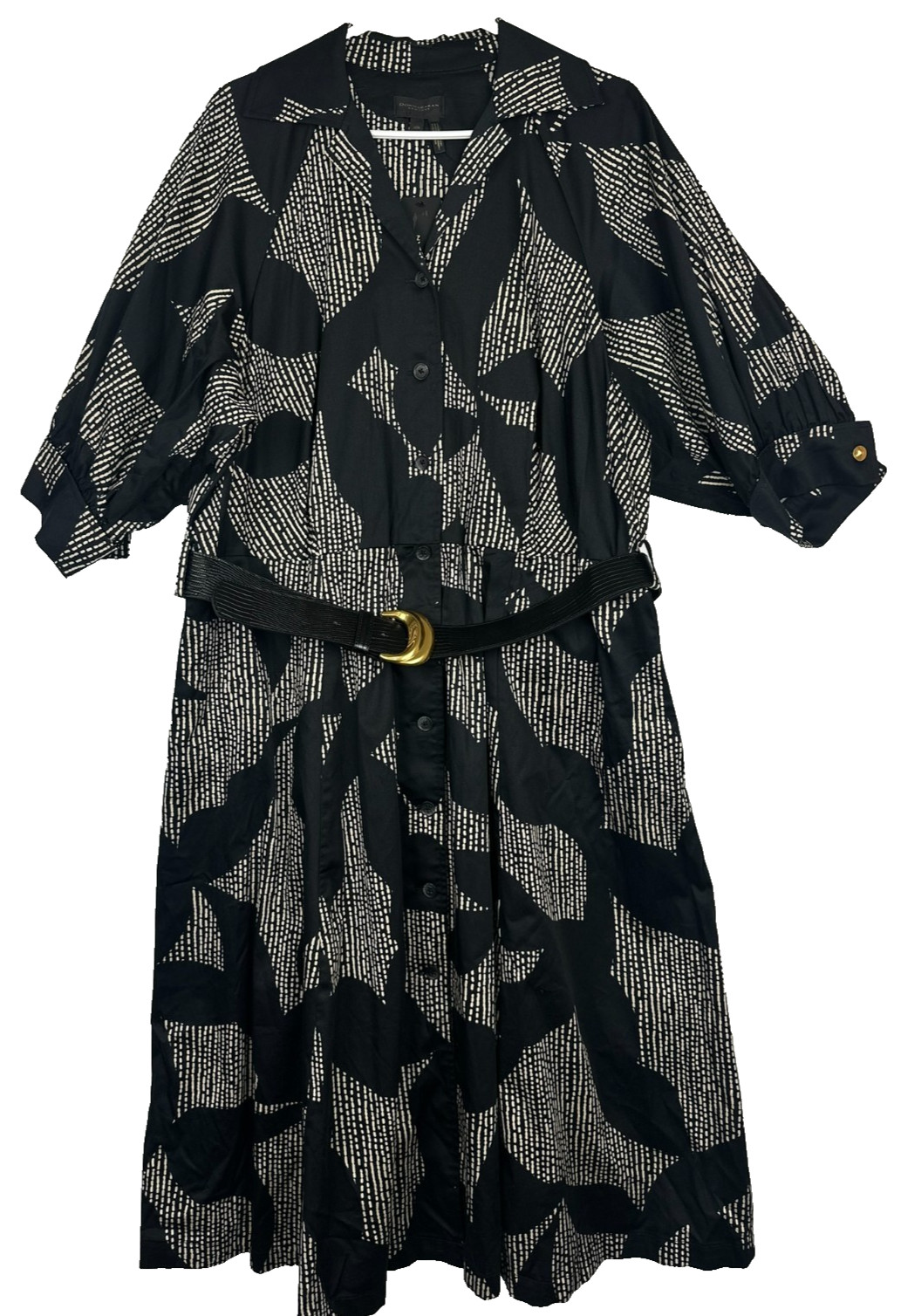 Donna Karan Plus Size Dress 16W Black Tan Belted Midi Button Front Shirtdress