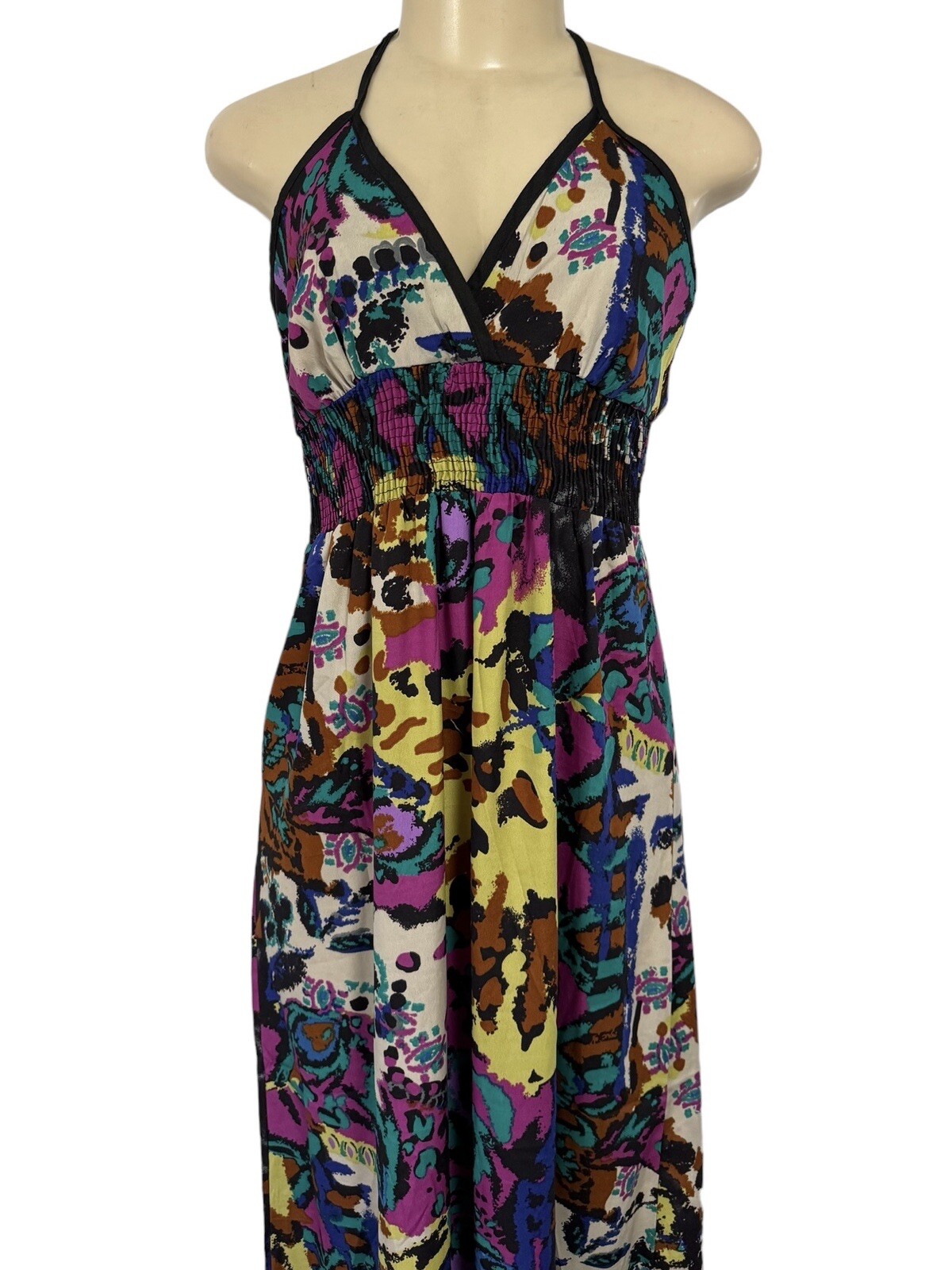 Vintage Millennium Halter Maxi Dress Black Animal Print Stretch Geometric Y2K M