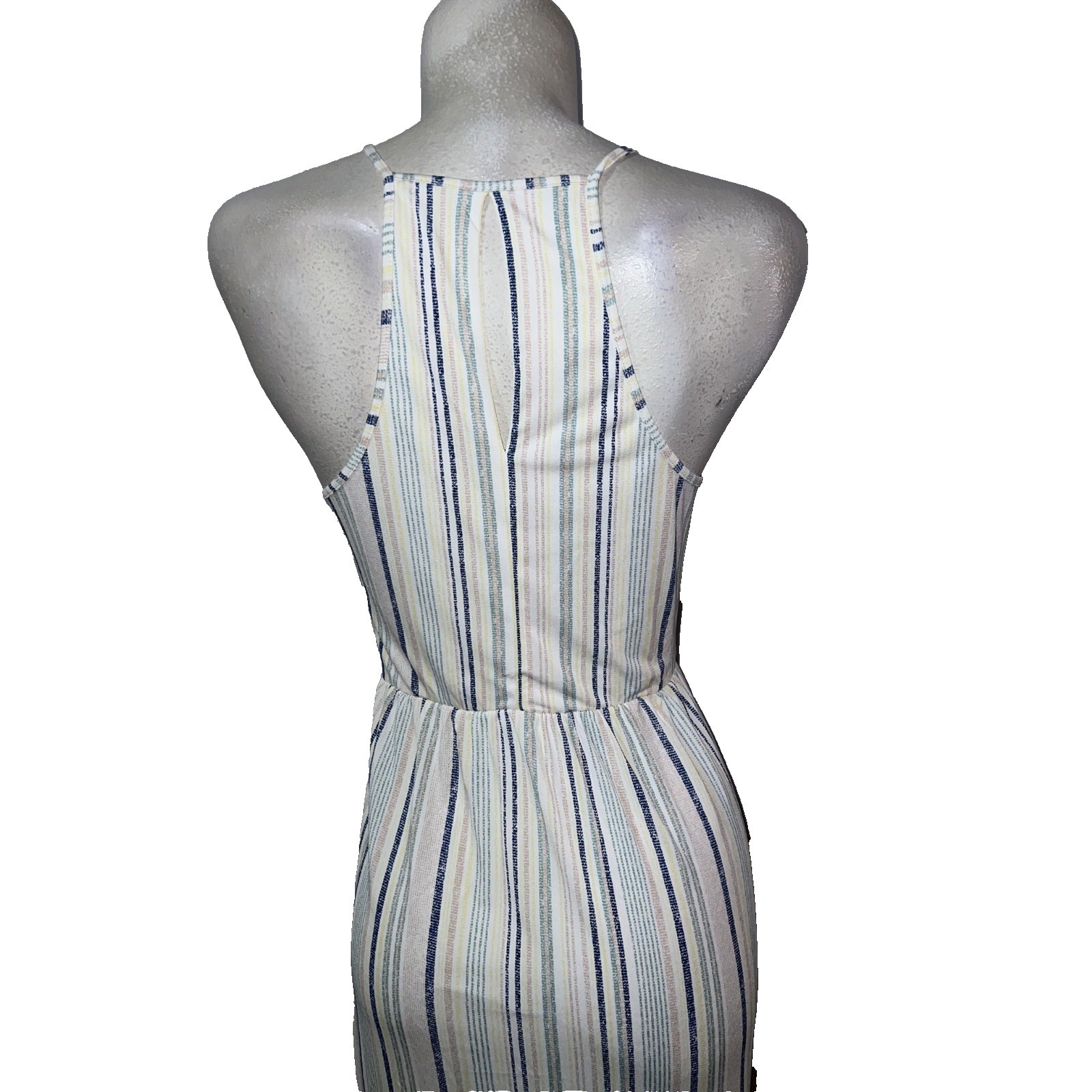 BCBGeneration Womens Blue Tan Striped Sleeveless Midi Dress Draped Pockets S