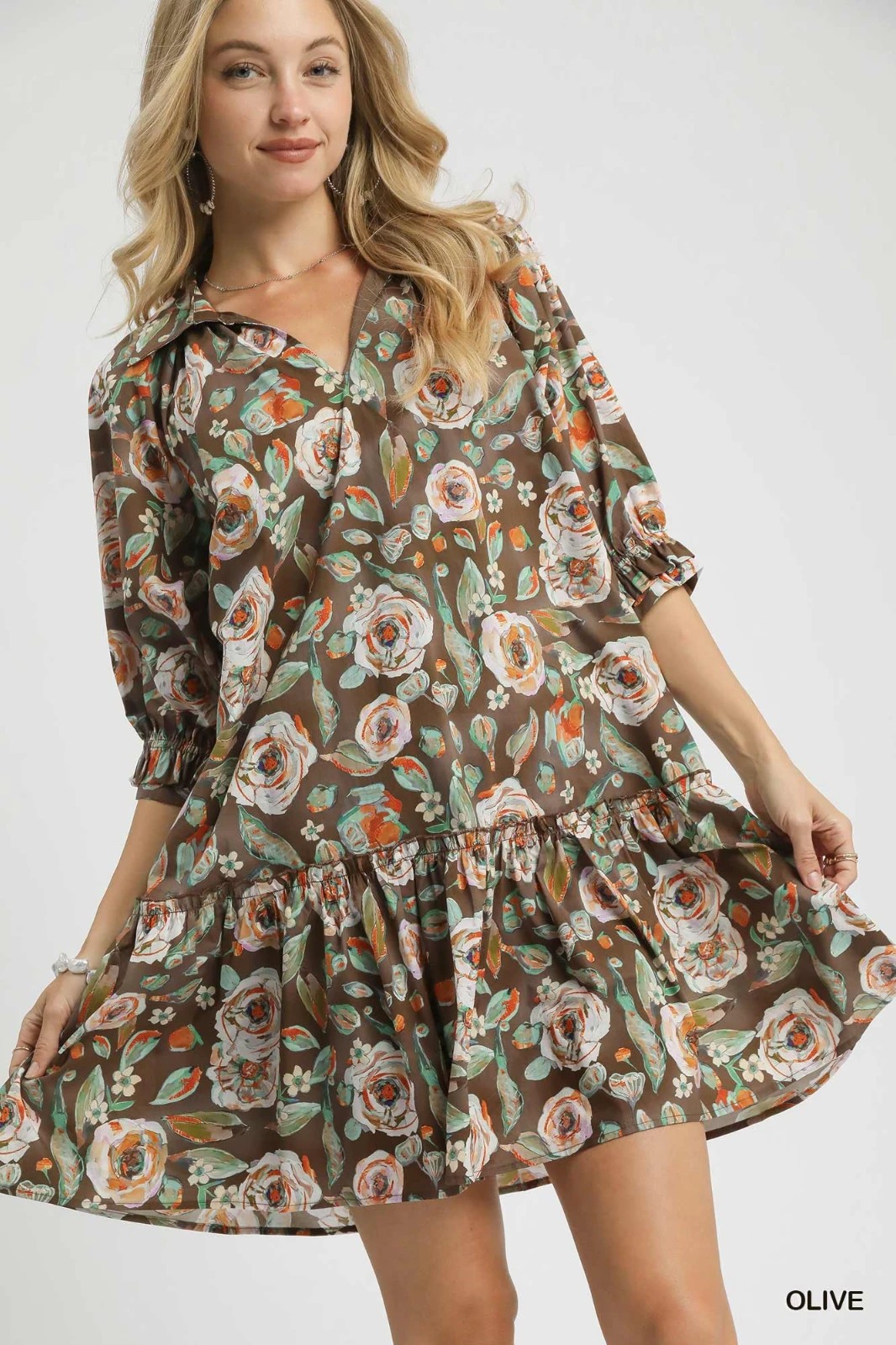Umgee Olive Floral Drop Waist Collared Shirt Dress 3/4 Cuff Sleeves
