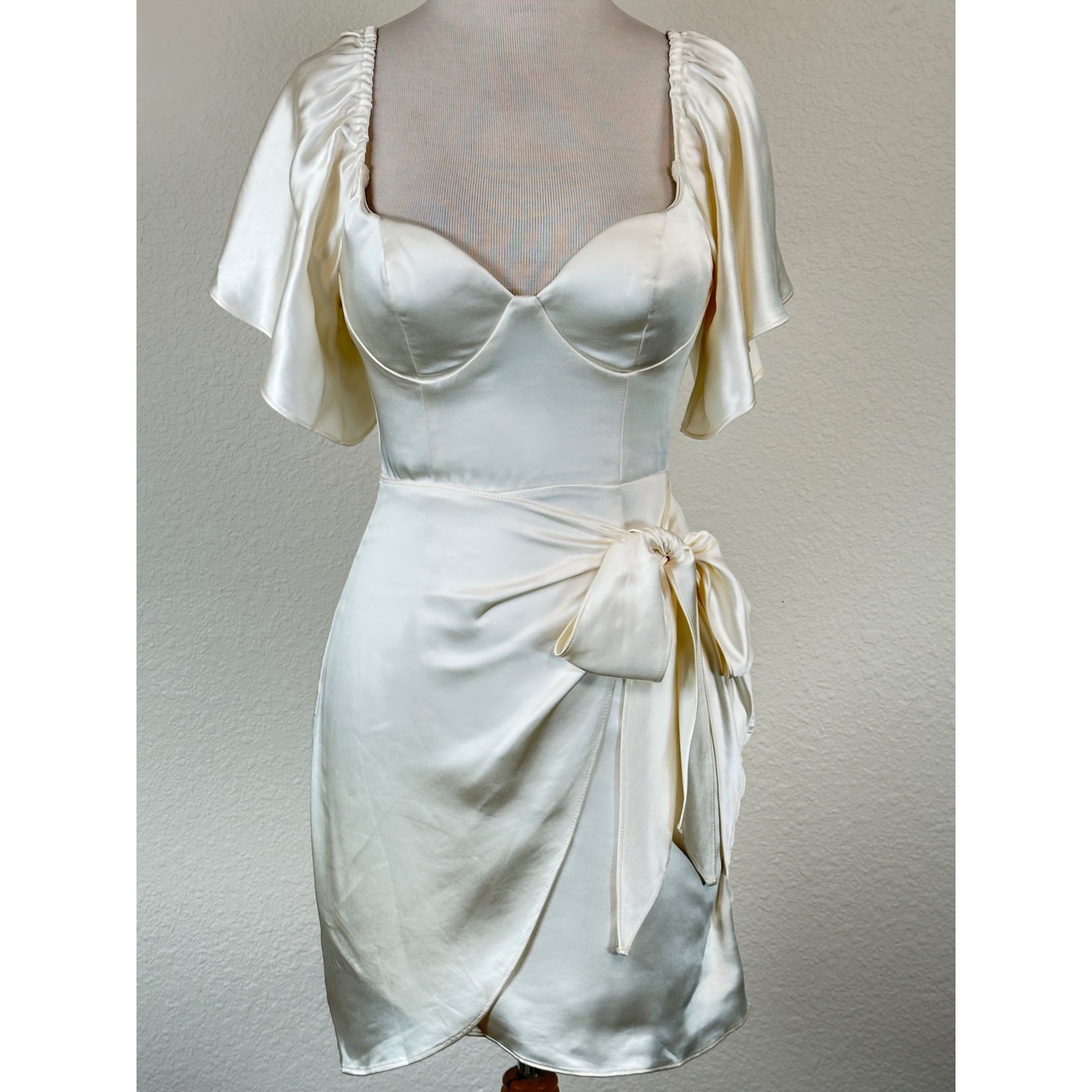 Selfie Leslie Aphrodite Satin Wrap Dress S Angel Sleeve Ivory NWT