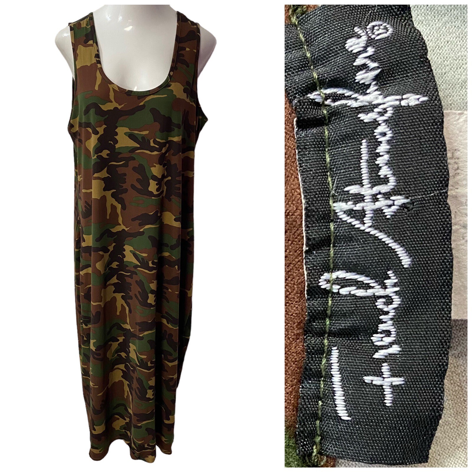 French Atmosphere Dress Womens Sz 2X Army Camo Knit Maxi Green Shift Military